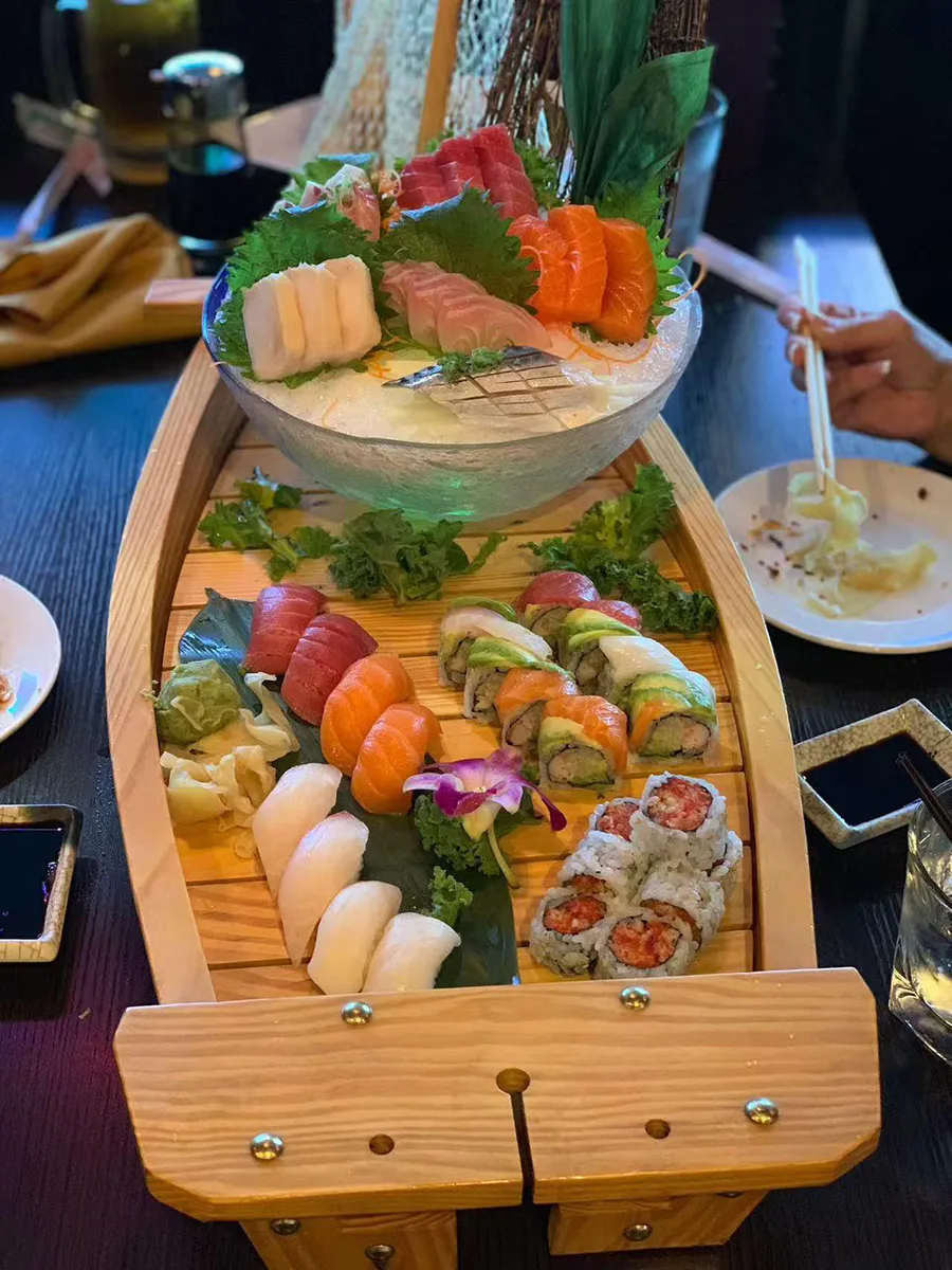sushi boat platter at Fancy Q Sushi & Thai, an Asian Fusion Restaurant in Davenport